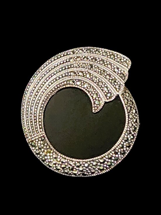 Vintage Stunning Sterling Silver 925 Black Onyx and  Vintage 80s Sterling Silver Black Onyx Marcasite Art Deco Wave Swirl Brooch Pin
